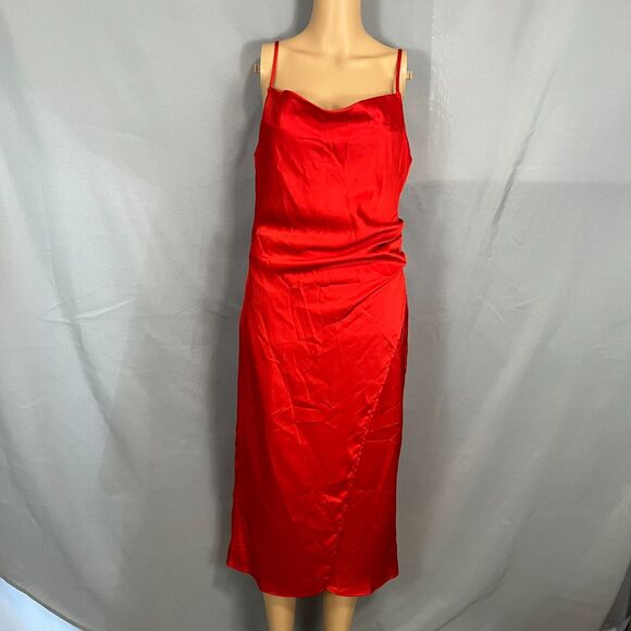 Red Satin Slip Dress Size Small Cowl Neck Midi Valentine’s Day Date Night Flirty - Picture 2 of 12